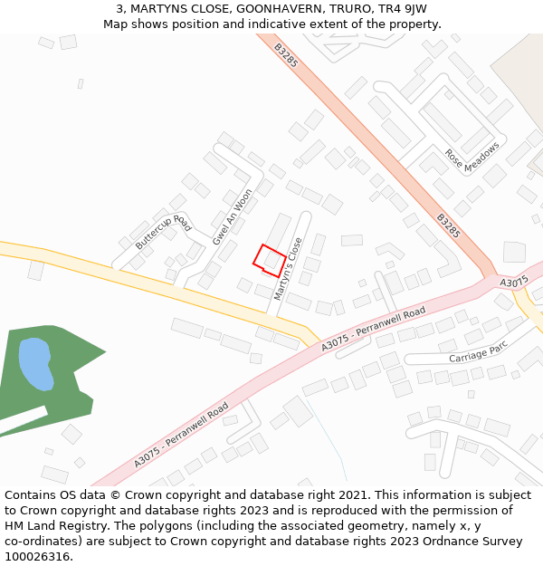 3, MARTYNS CLOSE, GOONHAVERN, TRURO, TR4 9JW: Location map and indicative extent of plot