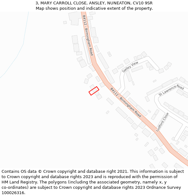 3, MARY CARROLL CLOSE, ANSLEY, NUNEATON, CV10 9SR: Location map and indicative extent of plot