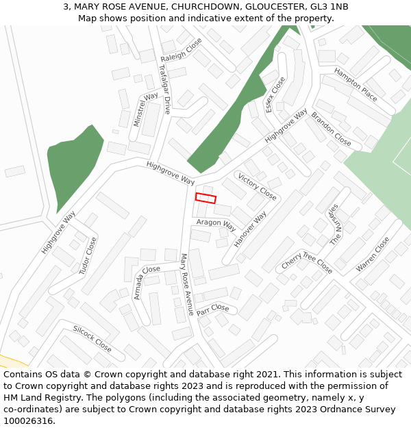 3, MARY ROSE AVENUE, CHURCHDOWN, GLOUCESTER, GL3 1NB: Location map and indicative extent of plot