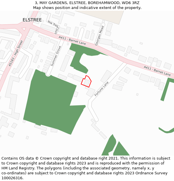 3, MAY GARDENS, ELSTREE, BOREHAMWOOD, WD6 3RZ: Location map and indicative extent of plot