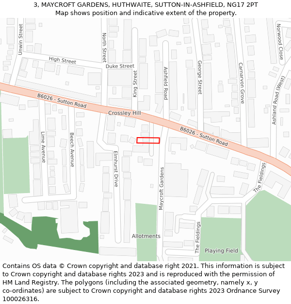 3, MAYCROFT GARDENS, HUTHWAITE, SUTTON-IN-ASHFIELD, NG17 2PT: Location map and indicative extent of plot