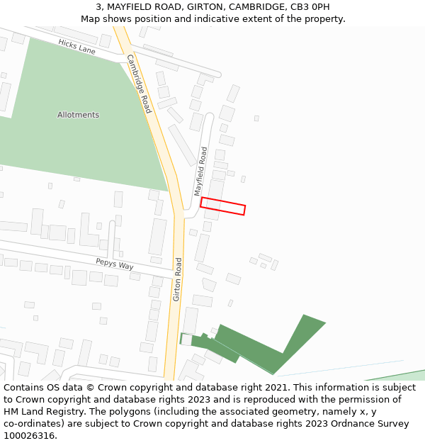 3, MAYFIELD ROAD, GIRTON, CAMBRIDGE, CB3 0PH: Location map and indicative extent of plot