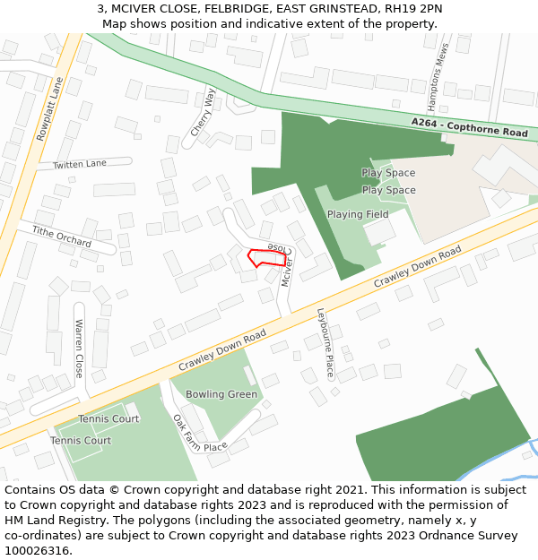 3, MCIVER CLOSE, FELBRIDGE, EAST GRINSTEAD, RH19 2PN: Location map and indicative extent of plot