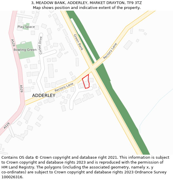 3, MEADOW BANK, ADDERLEY, MARKET DRAYTON, TF9 3TZ: Location map and indicative extent of plot