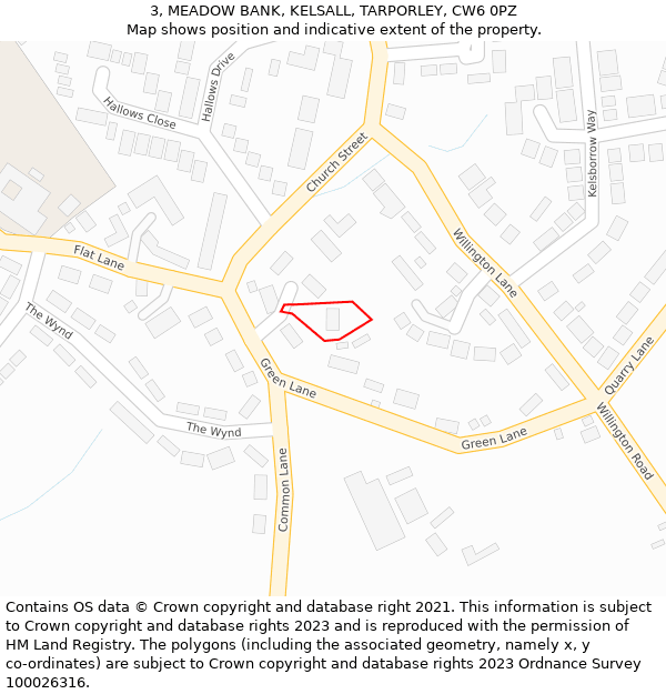 3, MEADOW BANK, KELSALL, TARPORLEY, CW6 0PZ: Location map and indicative extent of plot