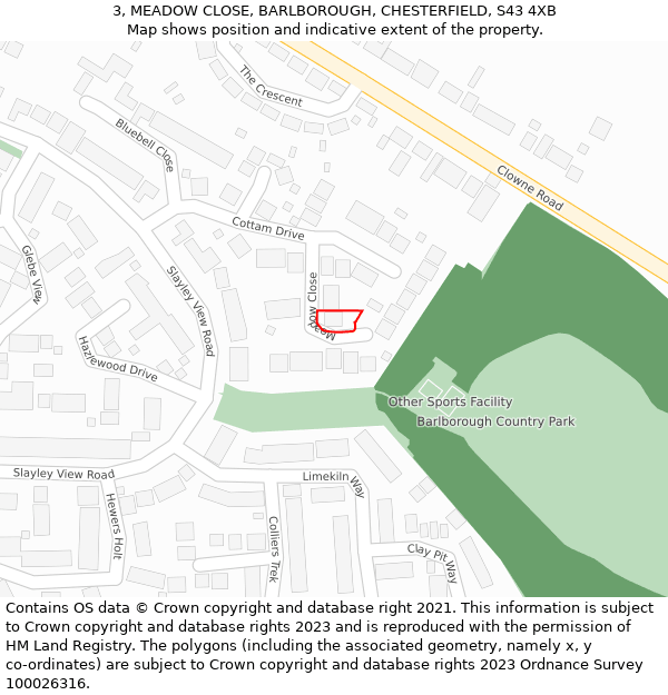 3, MEADOW CLOSE, BARLBOROUGH, CHESTERFIELD, S43 4XB: Location map and indicative extent of plot