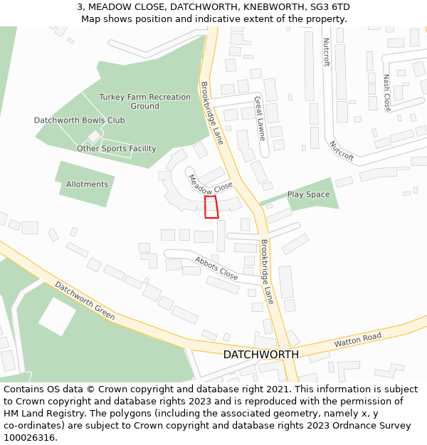 3, MEADOW CLOSE, DATCHWORTH, KNEBWORTH, SG3 6TD: Location map and indicative extent of plot