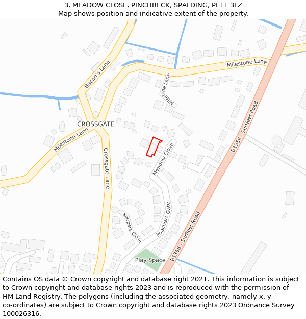 3, MEADOW CLOSE, PINCHBECK, SPALDING, PE11 3LZ: Location map and indicative extent of plot