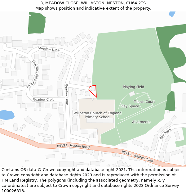 3, MEADOW CLOSE, WILLASTON, NESTON, CH64 2TS: Location map and indicative extent of plot