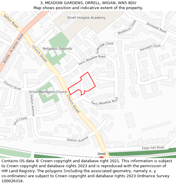 3, MEADOW GARDENS, ORRELL, WIGAN, WN5 8DU: Location map and indicative extent of plot