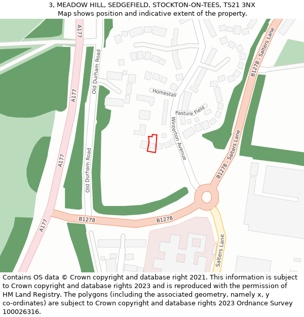 3, MEADOW HILL, SEDGEFIELD, STOCKTON-ON-TEES, TS21 3NX: Location map and indicative extent of plot