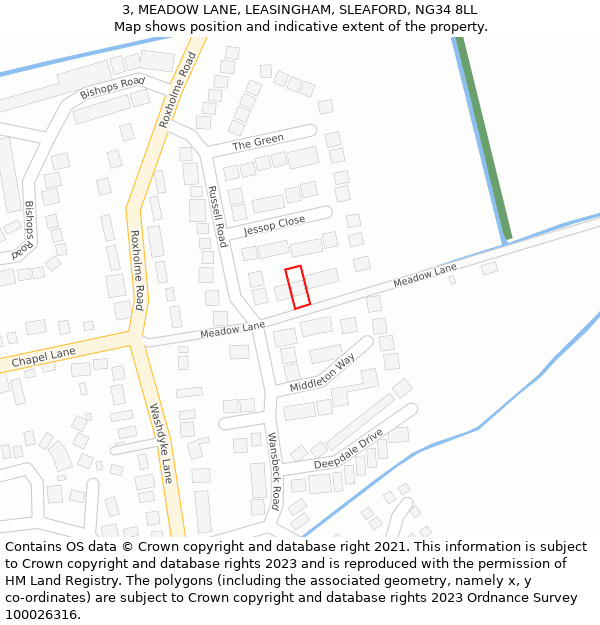 3, MEADOW LANE, LEASINGHAM, SLEAFORD, NG34 8LL: Location map and indicative extent of plot