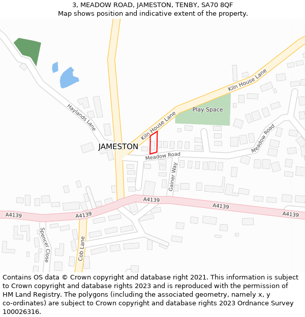 3, MEADOW ROAD, JAMESTON, TENBY, SA70 8QF: Location map and indicative extent of plot