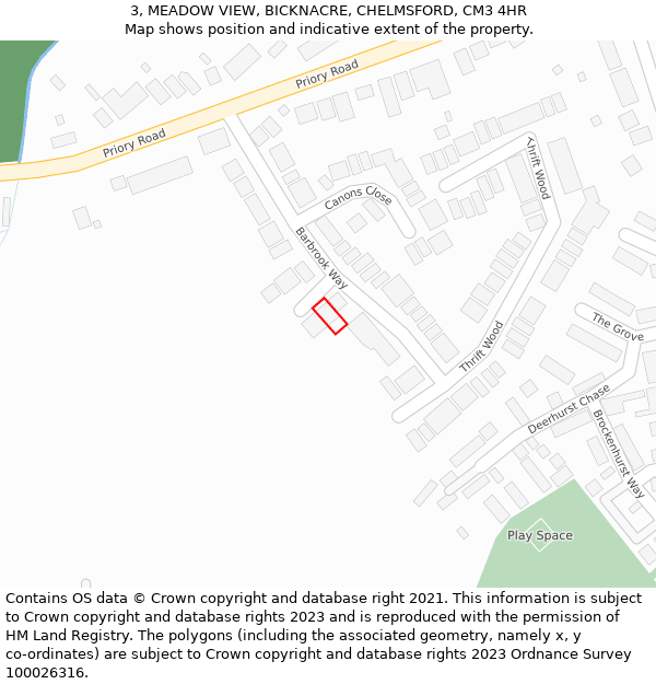 3, MEADOW VIEW, BICKNACRE, CHELMSFORD, CM3 4HR: Location map and indicative extent of plot