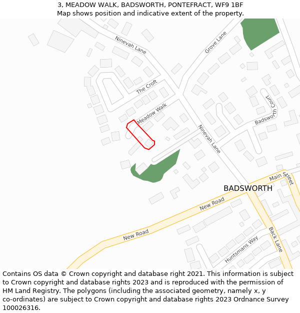 3, MEADOW WALK, BADSWORTH, PONTEFRACT, WF9 1BF: Location map and indicative extent of plot