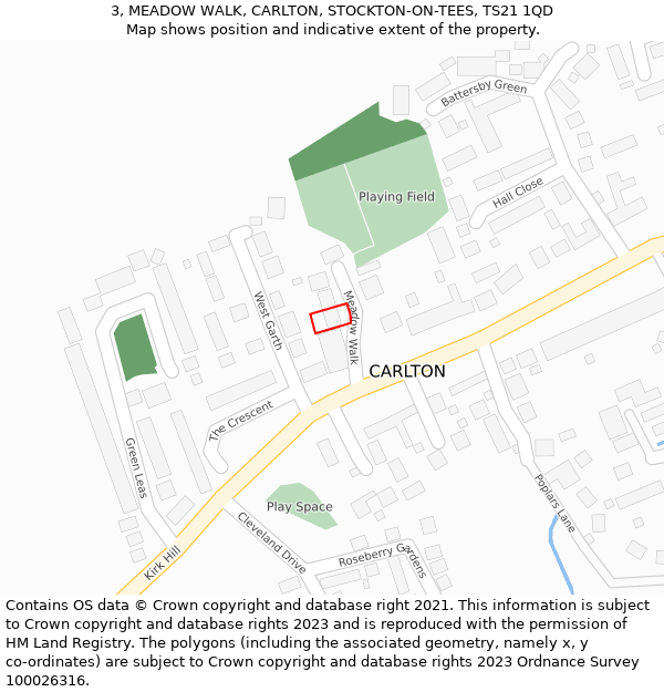 3, MEADOW WALK, CARLTON, STOCKTON-ON-TEES, TS21 1QD: Location map and indicative extent of plot