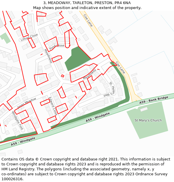 3, MEADOWAY, TARLETON, PRESTON, PR4 6NA: Location map and indicative extent of plot