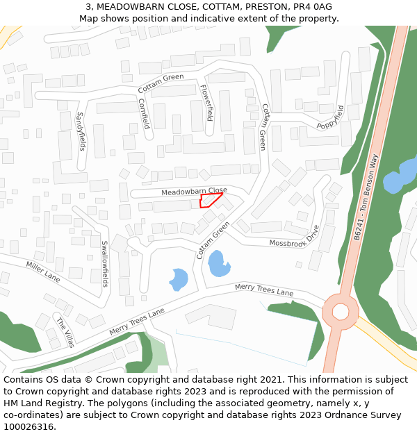 3, MEADOWBARN CLOSE, COTTAM, PRESTON, PR4 0AG: Location map and indicative extent of plot