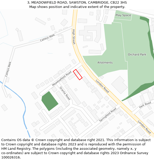 3, MEADOWFIELD ROAD, SAWSTON, CAMBRIDGE, CB22 3HS: Location map and indicative extent of plot