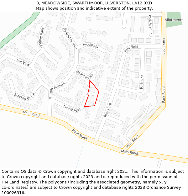 3, MEADOWSIDE, SWARTHMOOR, ULVERSTON, LA12 0XD: Location map and indicative extent of plot