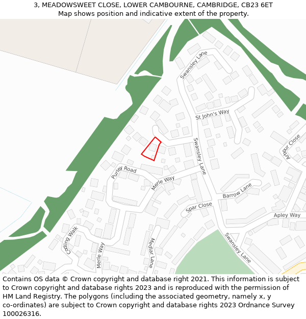 3, MEADOWSWEET CLOSE, LOWER CAMBOURNE, CAMBRIDGE, CB23 6ET: Location map and indicative extent of plot