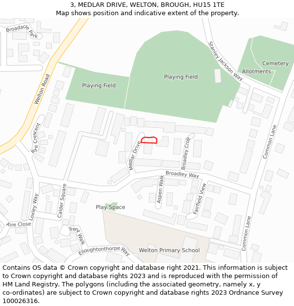 3, MEDLAR DRIVE, WELTON, BROUGH, HU15 1TE: Location map and indicative extent of plot