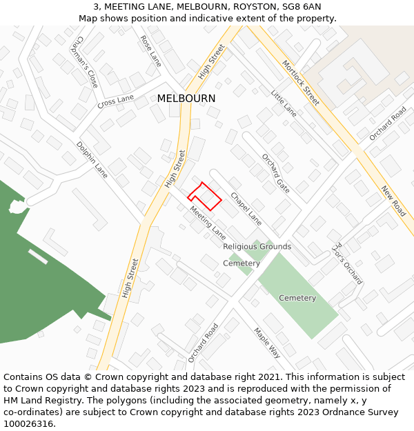 3, MEETING LANE, MELBOURN, ROYSTON, SG8 6AN: Location map and indicative extent of plot