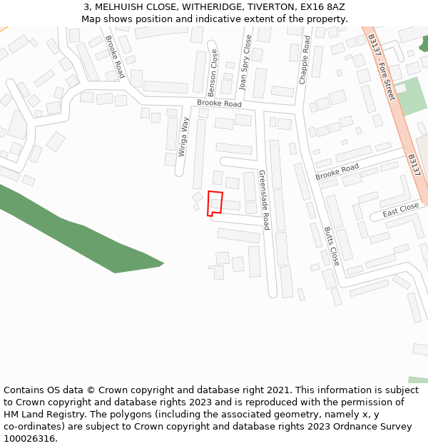 3, MELHUISH CLOSE, WITHERIDGE, TIVERTON, EX16 8AZ: Location map and indicative extent of plot