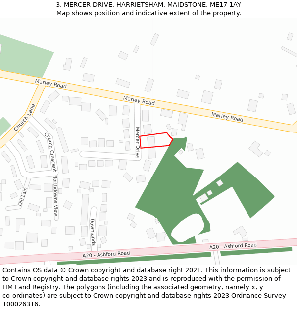3, MERCER DRIVE, HARRIETSHAM, MAIDSTONE, ME17 1AY: Location map and indicative extent of plot