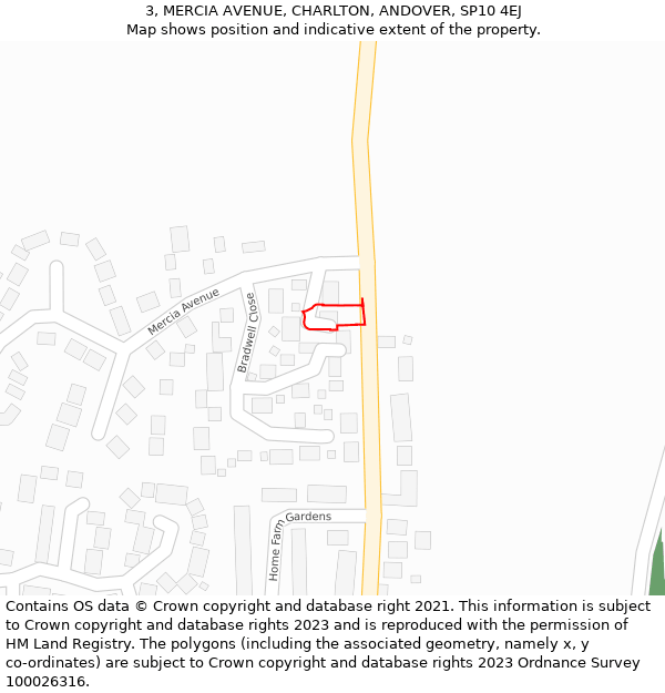 3, MERCIA AVENUE, CHARLTON, ANDOVER, SP10 4EJ: Location map and indicative extent of plot