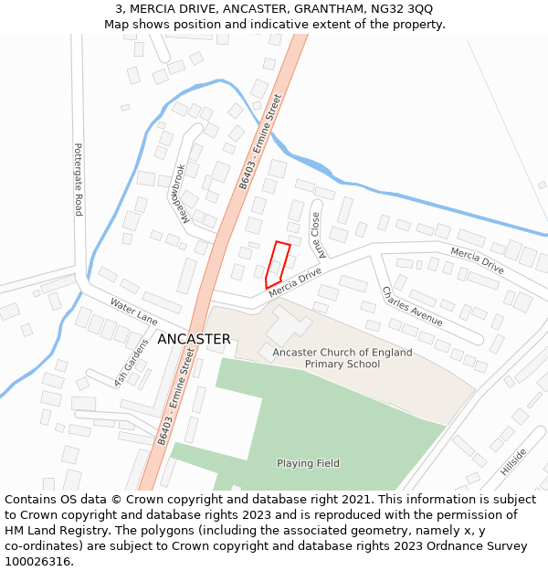 3, MERCIA DRIVE, ANCASTER, GRANTHAM, NG32 3QQ: Location map and indicative extent of plot