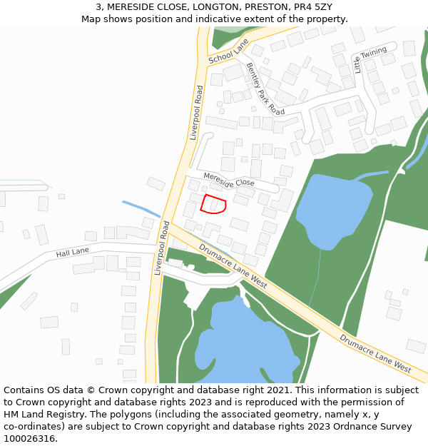 3, MERESIDE CLOSE, LONGTON, PRESTON, PR4 5ZY: Location map and indicative extent of plot