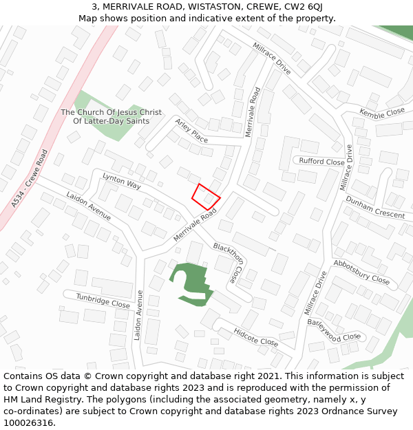 3, MERRIVALE ROAD, WISTASTON, CREWE, CW2 6QJ: Location map and indicative extent of plot