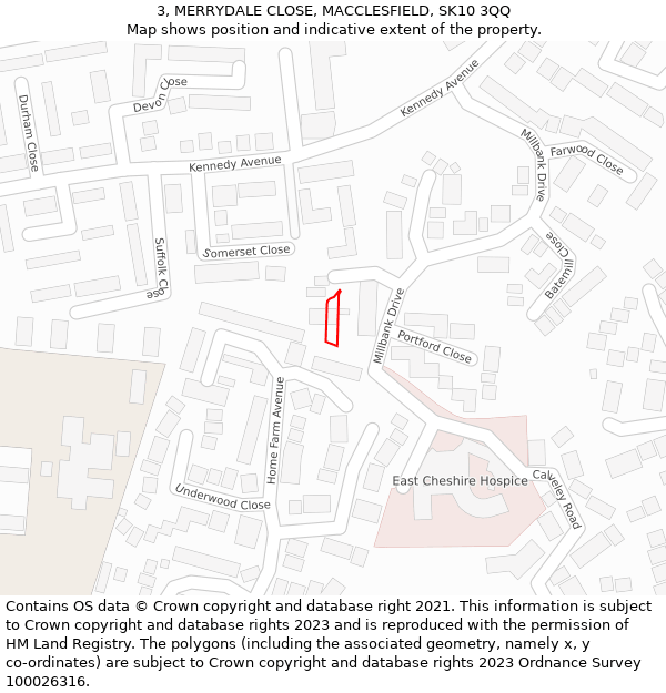 3, MERRYDALE CLOSE, MACCLESFIELD, SK10 3QQ: Location map and indicative extent of plot