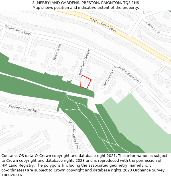 3, MERRYLAND GARDENS, PRESTON, PAIGNTON, TQ3 1HS: Location map and indicative extent of plot