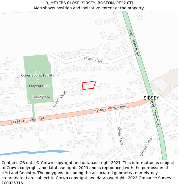 3, MEYERS CLOSE, SIBSEY, BOSTON, PE22 0TJ: Location map and indicative extent of plot