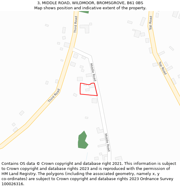 3, MIDDLE ROAD, WILDMOOR, BROMSGROVE, B61 0BS: Location map and indicative extent of plot
