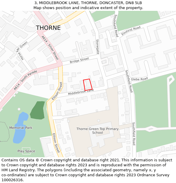 3, MIDDLEBROOK LANE, THORNE, DONCASTER, DN8 5LB: Location map and indicative extent of plot