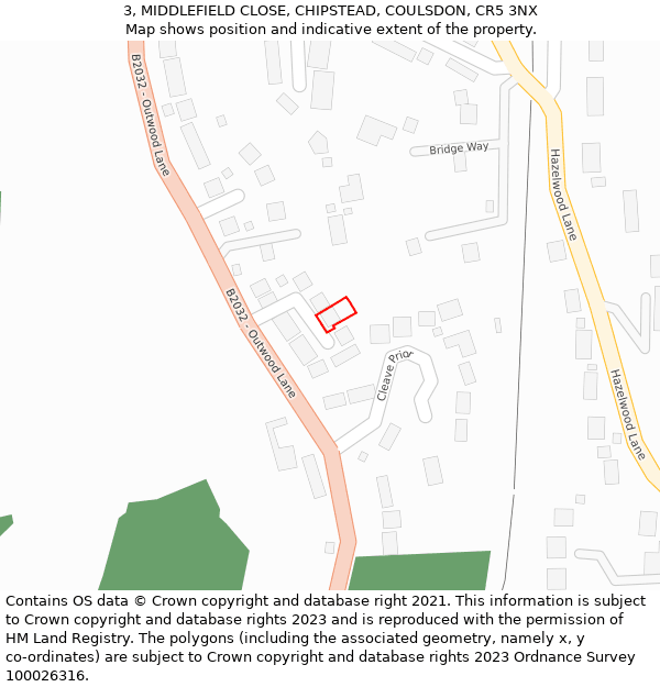 3, MIDDLEFIELD CLOSE, CHIPSTEAD, COULSDON, CR5 3NX: Location map and indicative extent of plot