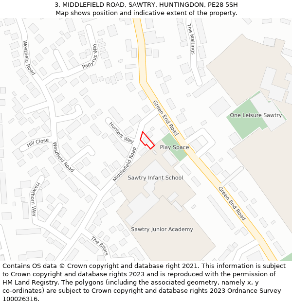 3, MIDDLEFIELD ROAD, SAWTRY, HUNTINGDON, PE28 5SH: Location map and indicative extent of plot