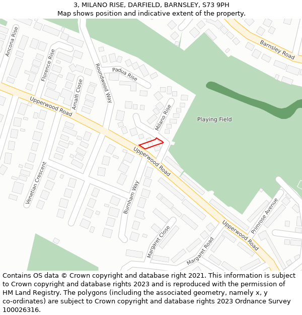 3, MILANO RISE, DARFIELD, BARNSLEY, S73 9PH: Location map and indicative extent of plot