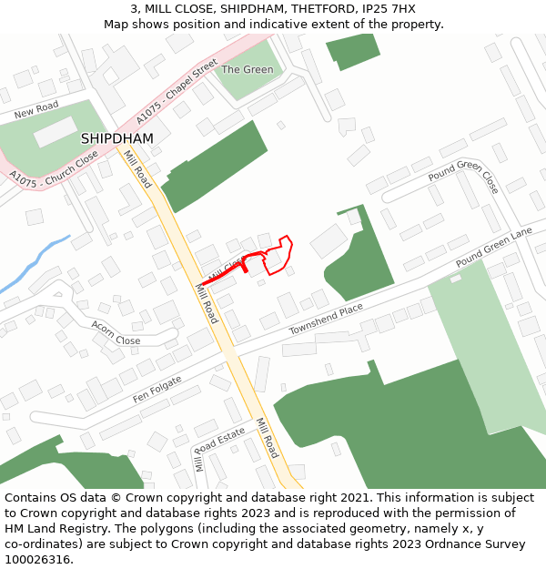 3, MILL CLOSE, SHIPDHAM, THETFORD, IP25 7HX: Location map and indicative extent of plot