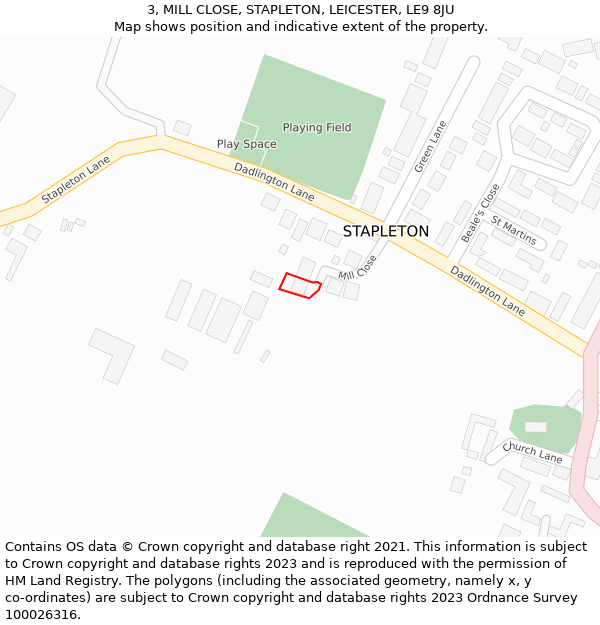 3, MILL CLOSE, STAPLETON, LEICESTER, LE9 8JU: Location map and indicative extent of plot