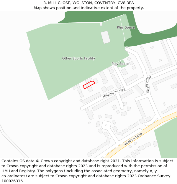 3, MILL CLOSE, WOLSTON, COVENTRY, CV8 3PA: Location map and indicative extent of plot