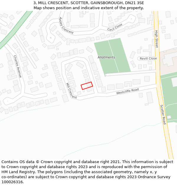 3, MILL CRESCENT, SCOTTER, GAINSBOROUGH, DN21 3SE: Location map and indicative extent of plot