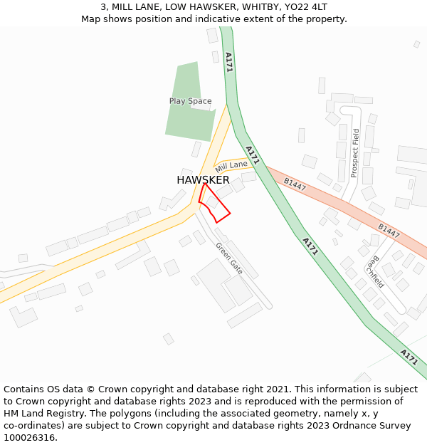 3, MILL LANE, LOW HAWSKER, WHITBY, YO22 4LT: Location map and indicative extent of plot