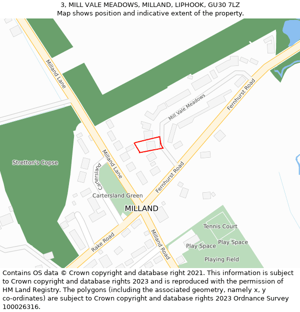 3, MILL VALE MEADOWS, MILLAND, LIPHOOK, GU30 7LZ: Location map and indicative extent of plot