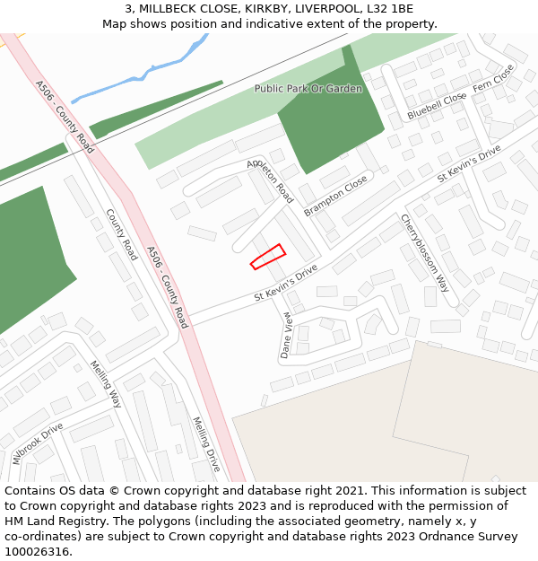 3, MILLBECK CLOSE, KIRKBY, LIVERPOOL, L32 1BE: Location map and indicative extent of plot