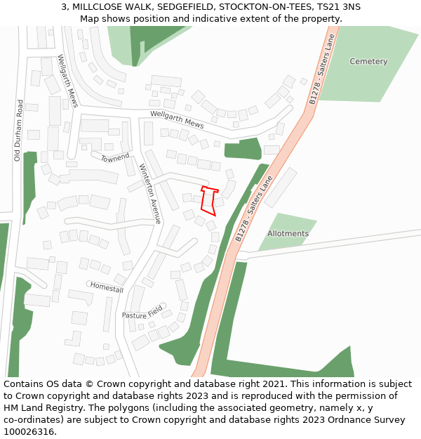 3, MILLCLOSE WALK, SEDGEFIELD, STOCKTON-ON-TEES, TS21 3NS: Location map and indicative extent of plot