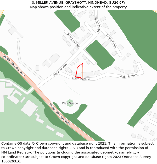 3, MILLER AVENUE, GRAYSHOTT, HINDHEAD, GU26 6FY: Location map and indicative extent of plot